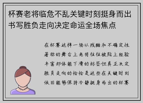 杯赛老将临危不乱关键时刻挺身而出书写胜负走向决定命运全场焦点