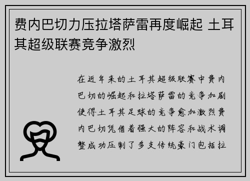 费内巴切力压拉塔萨雷再度崛起 土耳其超级联赛竞争激烈